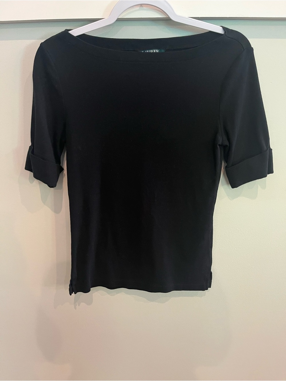 Ralph Lauren Black Boatneck Short Sleeve Top with Cuffed Sleeves